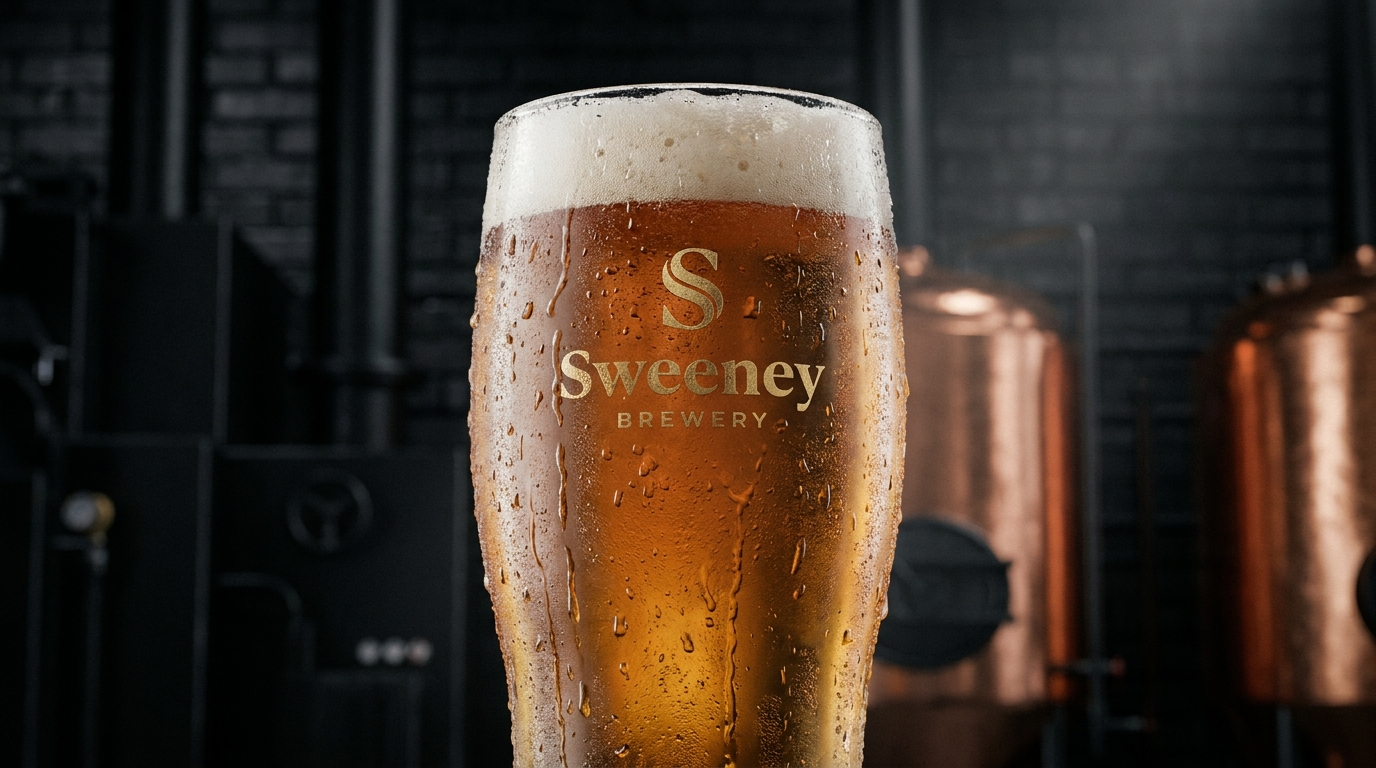Sweeney Brewery interior with barrels and fire